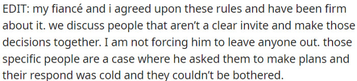 OP's fiancé and she have set rules about discussing potential guests. They both decide on people who aren't definitively invited