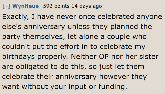 They shouldn't be the ones throwing the party. It's their parents' anniversary, after all.
