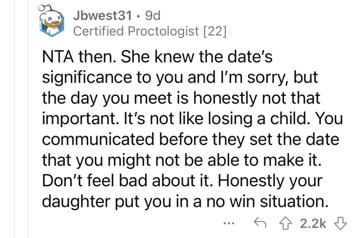 OP's daughter put him in a no-win situation.