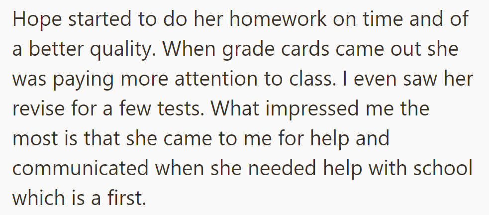 Hope's school habits improve drastically: homework's timely and better, she pays attention in class, revises for tests, and seeks help—a first.