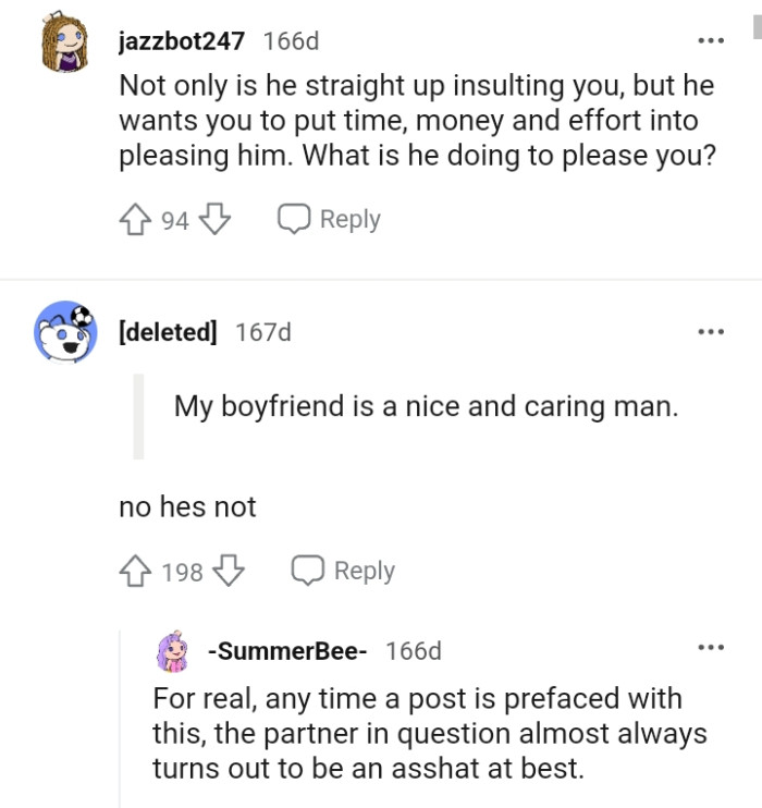 This Redditor disagrees that OP's boyfriend is a nice and caring man.