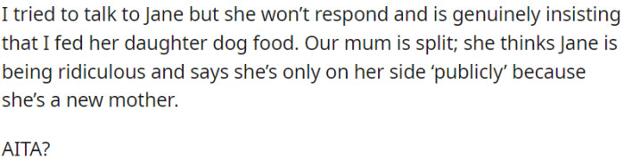 OP's sister alleged that she was giving her baby dog food to eat.