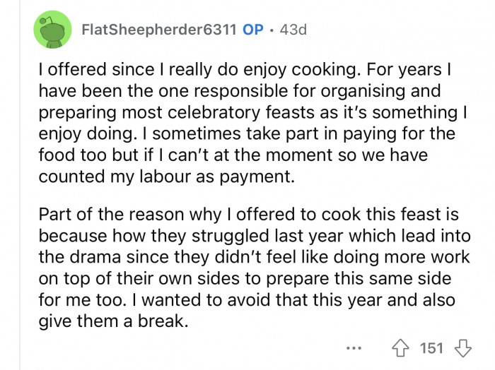 OP wanted to help her family out by offering to cook the feast this year.