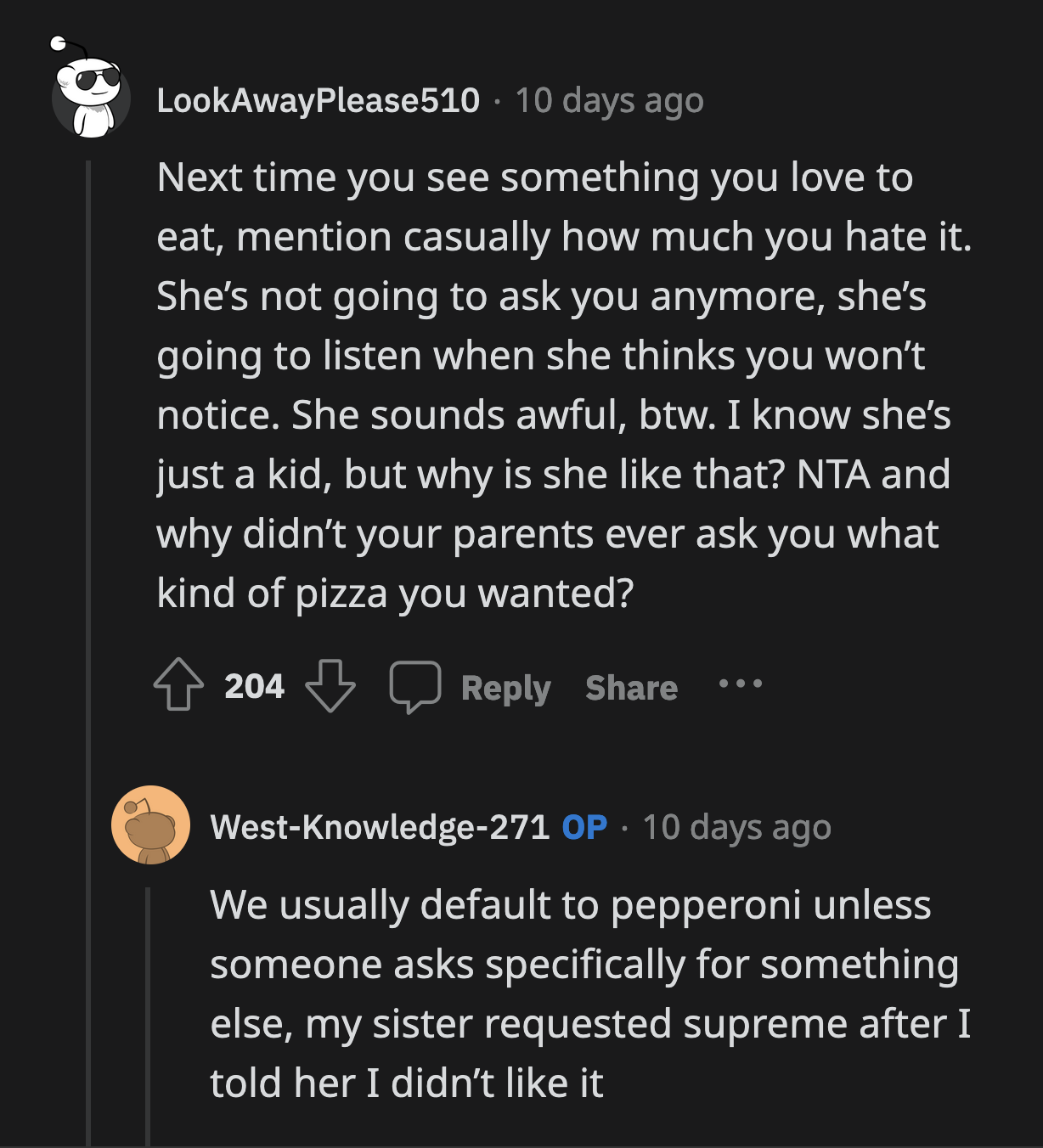 Why did OP's parents not consult her about what kind of pizza she wanted?