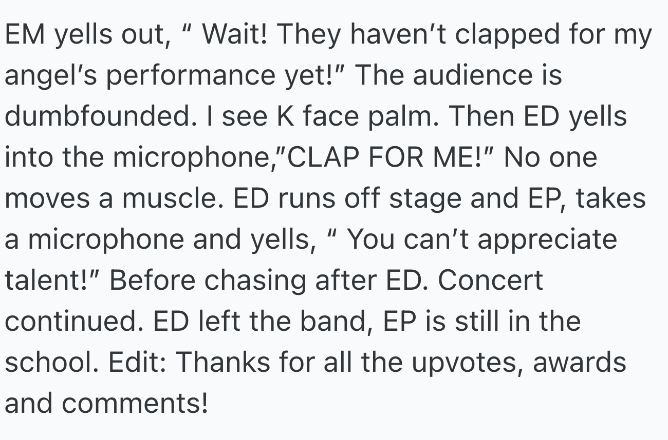 Despite the chaotic event, the daughter eventually left the band, but the entitled parent remains at the school.