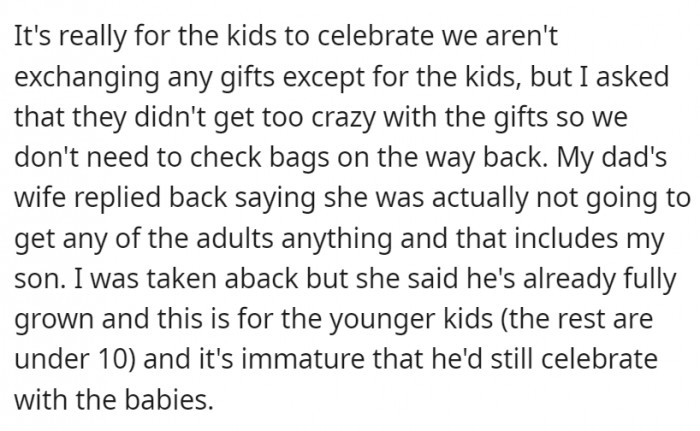 However, OP was shocked to find out that her son wasn't included in the gift-giving celebrations along with the rest of his cousins.