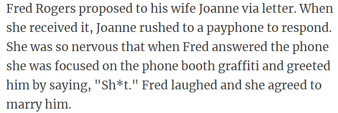 Fred Rogers proposed to his wife Joanne via letter