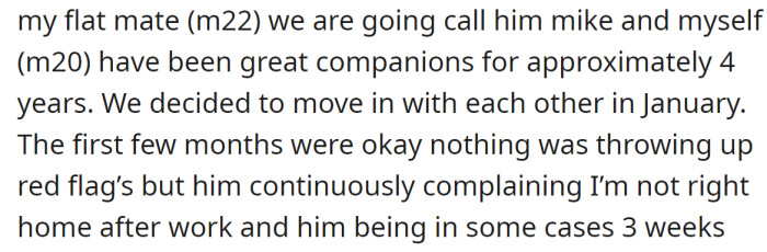 The OP said that, at first, the living arrangement seemed to go smoothly, but soon Mike began to create some issues: