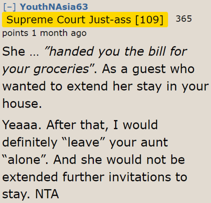 The OP doesn't need an entitled guest such as her aunt.