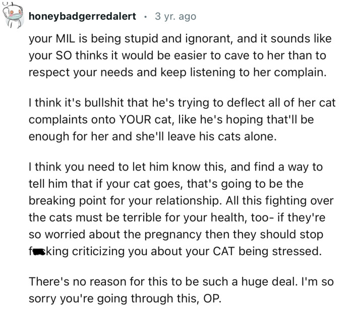 “Tell him that if your cat goes, that's going to be the breaking point for your relationship.”