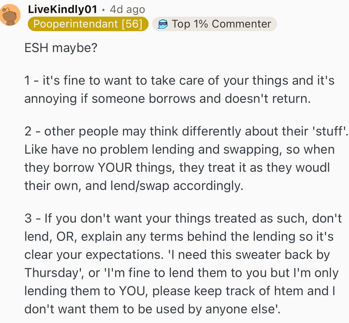 This Redditor Offered a Few Interesting Perspectives on This Matter. In All, They Highlighted That Next Time, OP Should Set Clear Terms and Conditions Before Lending Their Items to Anyone