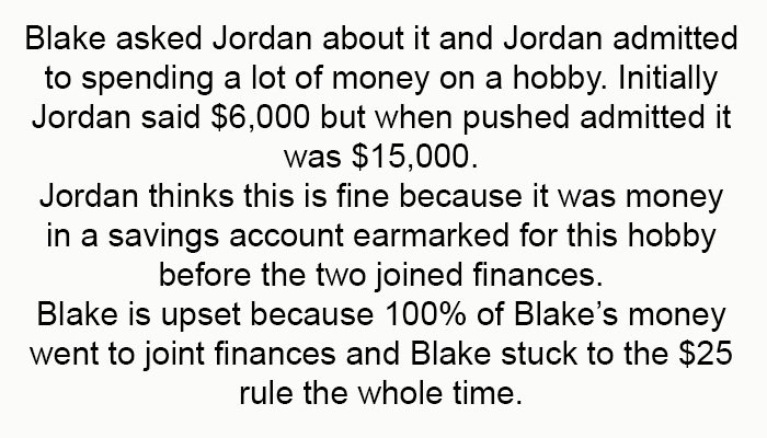 Blake is upset because 100% of Blake’s money went to joint finances