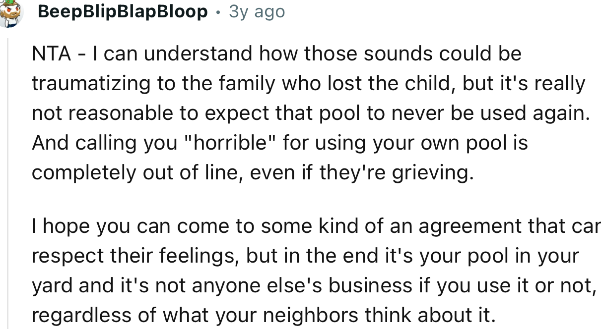 “NTA - I can understand how those sounds could be traumatizing, but it's really not reasonable to expect that pool to never be used again.”