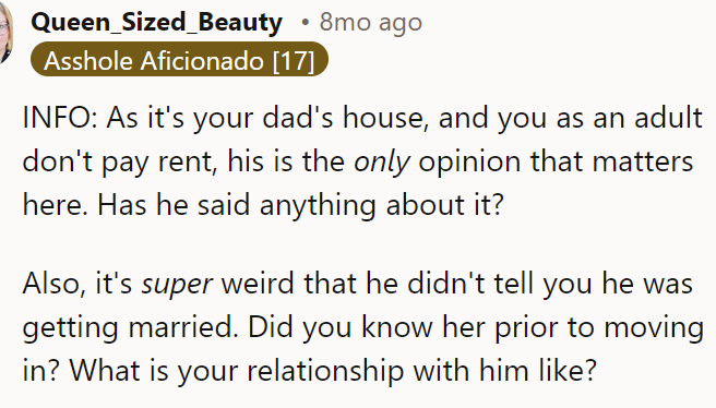 A Redditor was curious and asked if the OP pays rent to her father