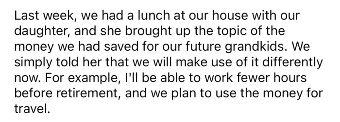 When the OP's daughter asked about the money, he told her they would use it for something else.