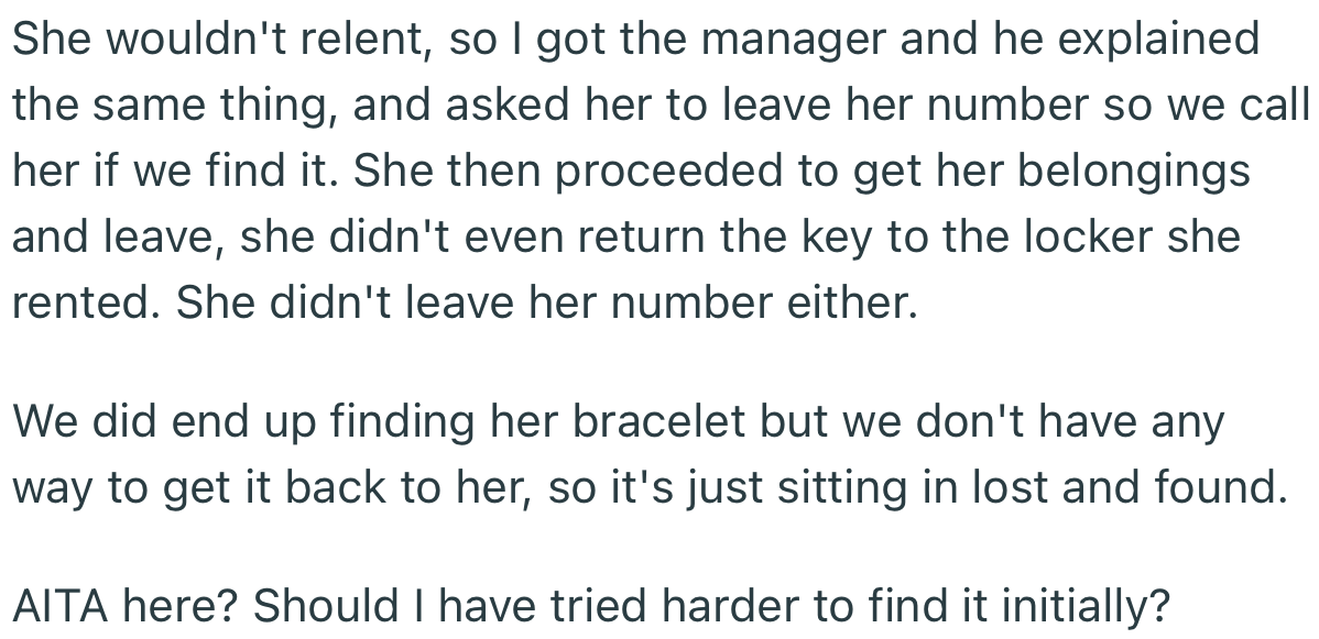 Despite Attempts to Pacify Her, the Woman Left Rudely Without Dropping Her Contact Details. Unfortunately for Her, OP Found the Bracelet Later That Night, but There Was No Way to Reach the Woman