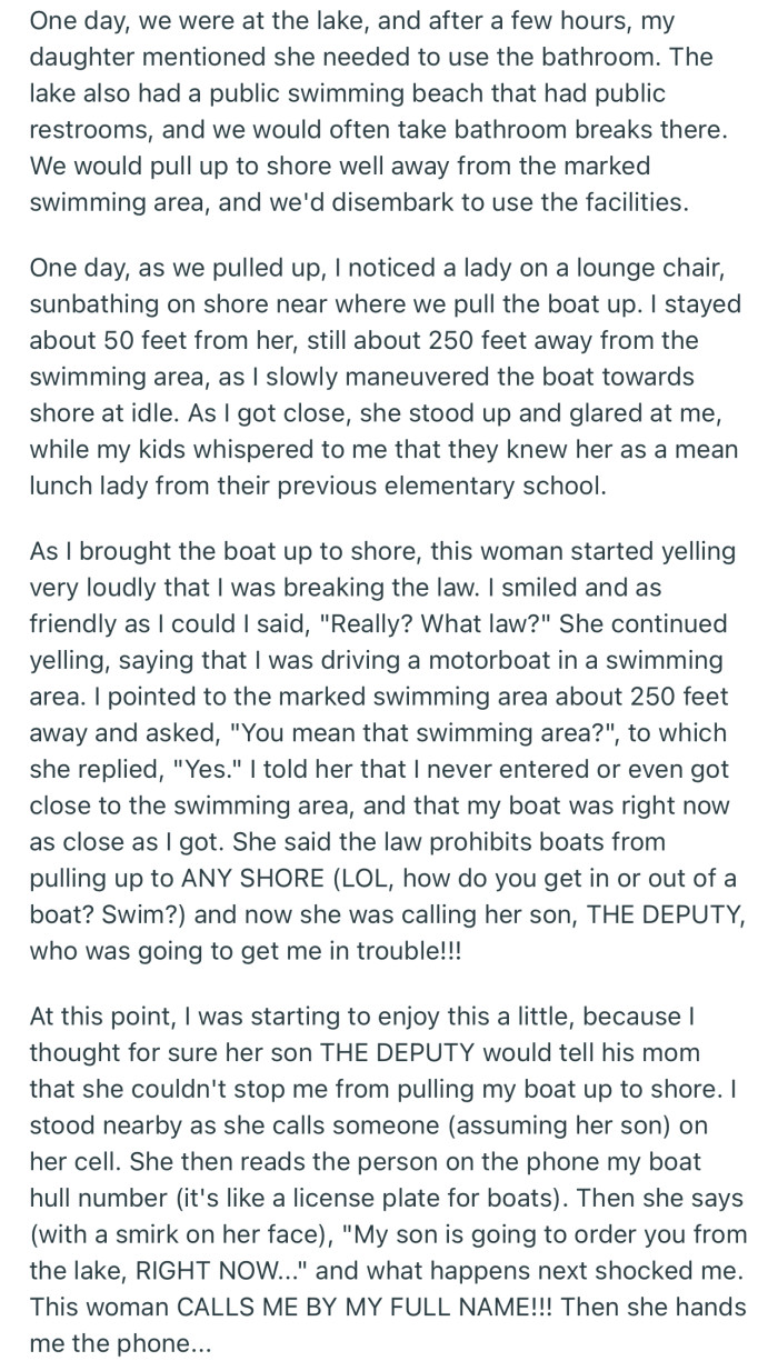 OP was confronted by a woman who accused him of driving his motorboat in a swimming area