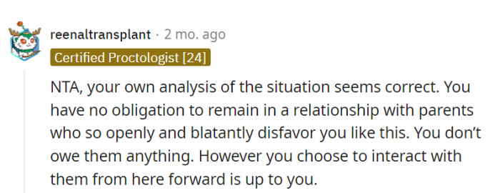 They can choose how to proceed with their parents, as they owe them nothing.