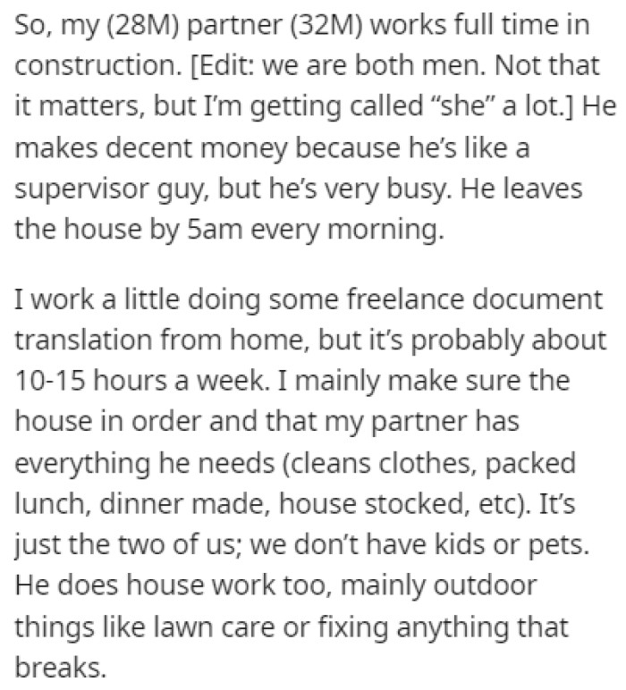 OP's partner works in construction and he's in charge of preparing a lunch for him