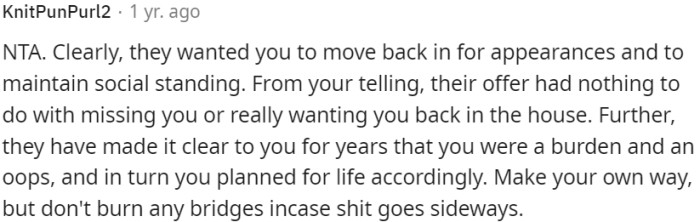 OP's parents' invitation for him to move back in seems motivated by appearances and social standing rather than a genuine desire