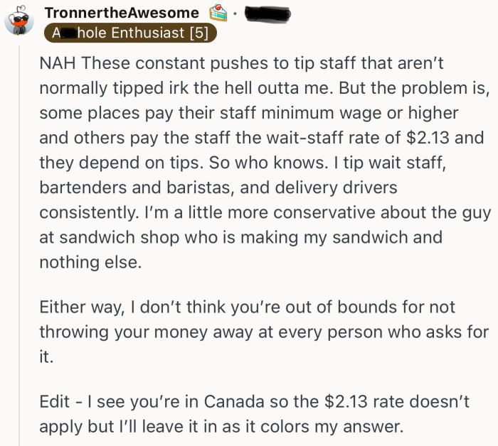 “I don’t think you’re out of bounds for not throwing your money away at every person who asks for it.”