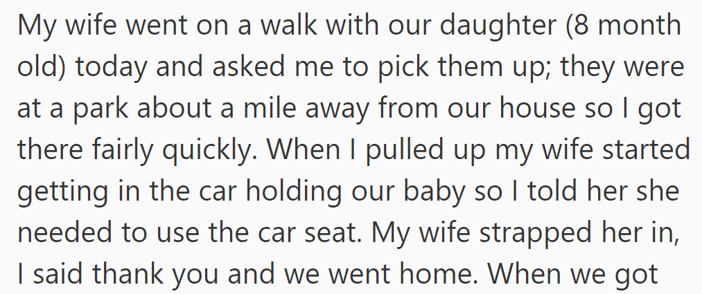 OP's wife and baby were at a park. OP picked them up, reminded his wife about the car seat, and went home.