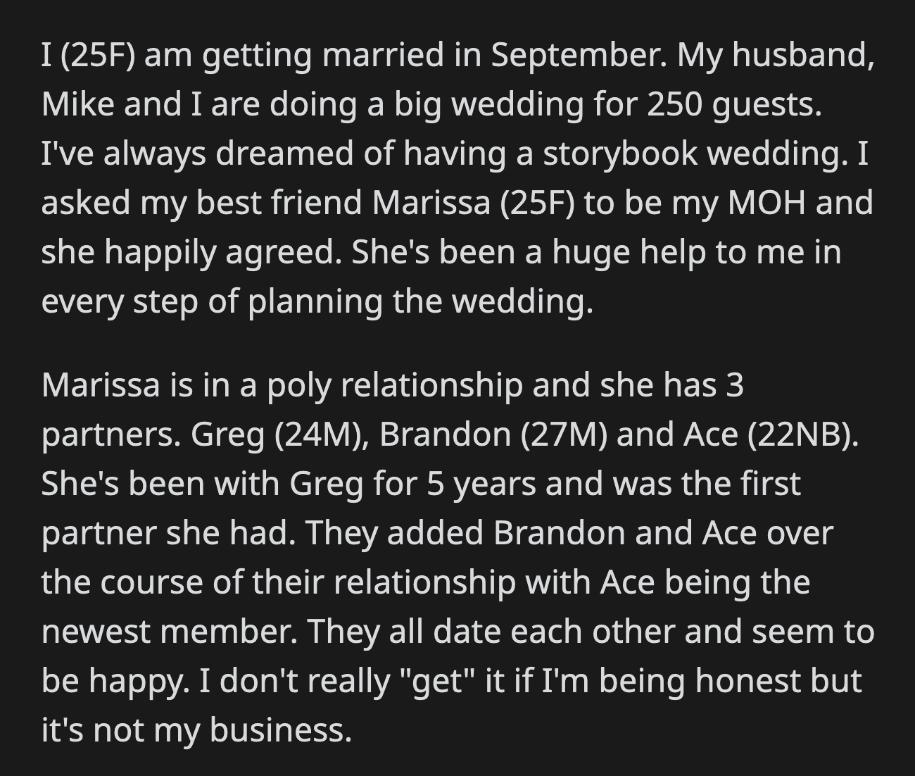In the background, OP heard Greg, the partner Marissa's been with the longest, telling Brandon that he should tell OP to f*ck off.