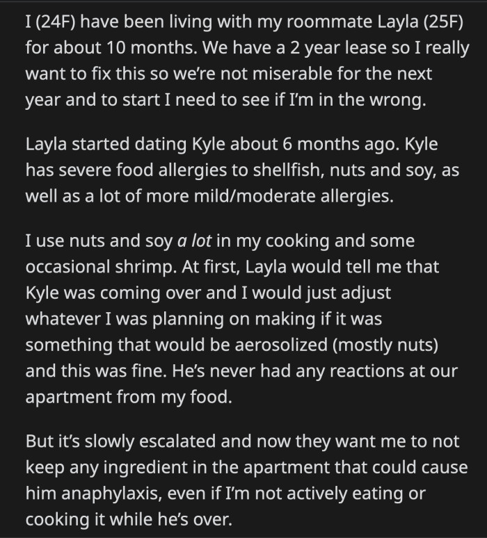 OP feels terrible because she knows that allergies are not to be trifled with