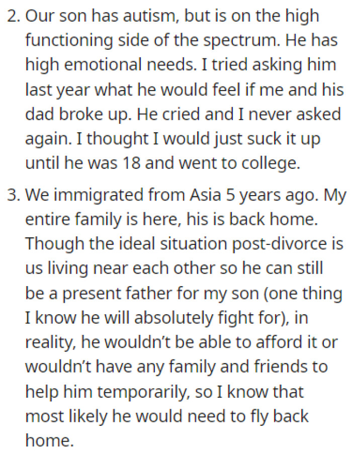 OP listed the reasons why she's holding back from divorce