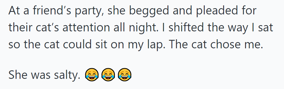 At a party, she craved the cat's attention. But when OP shifted, the cat chose them, and SIL was salty.