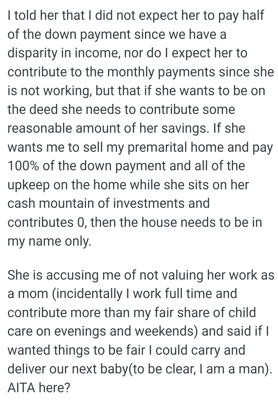 OP's wife sits on her cash mountain of investments and contributes nothing