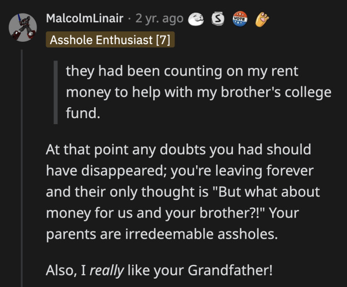 Their son is moving out, and all they can think about is his monetary contribution. Jerks.