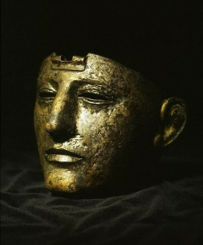 Roman bronze mask with silver coating, 100–75 CE. Hinged to lift - allowing the wearer to see clearly or breathe freely without removing it.