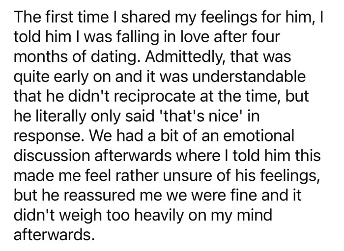 OP's boyfriend didn't reciprocate her feelings when she confessed them to her, which made things a little awkward.