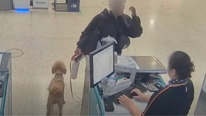 Airport officer speaks to an upset person after a dog citation.