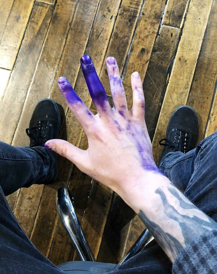 "My Coworker Put Straight Printer Ink In One Of My Gloves At Work. This Will Take A Week Or Two Minimum To Come Off"