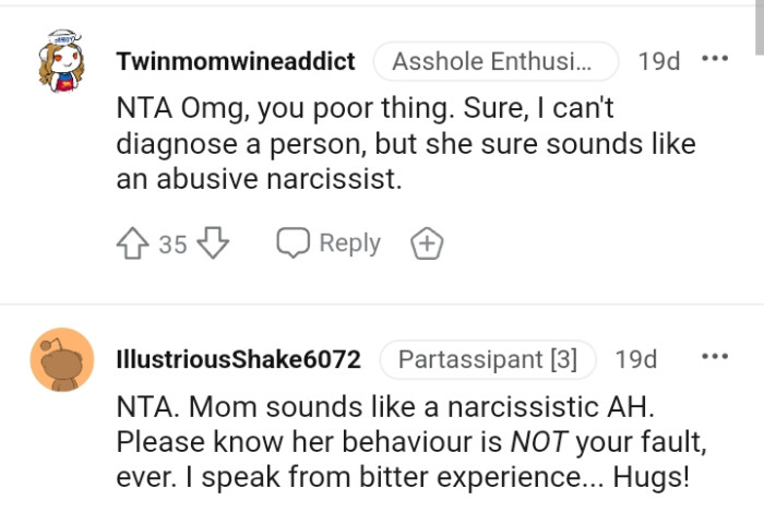 This Redditor believes OP's mom sounds like an abusive narcissist