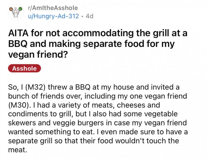 The OP shared a story about how he was not very supportive of his vegan friend recently.