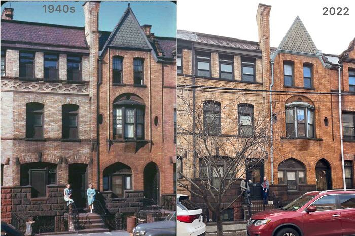 "My Mom And I Sitting On The Stoop Of The Bronx House That's Been In Our Family For 100 Years, Recreating A Photo Of My Great Aunt And Great-Great Grandmother Taken In The '40s"