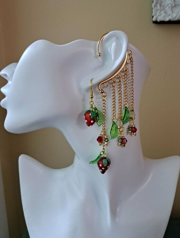 "Strawberry Ear Wrap And Matching Earrings I Crafted"