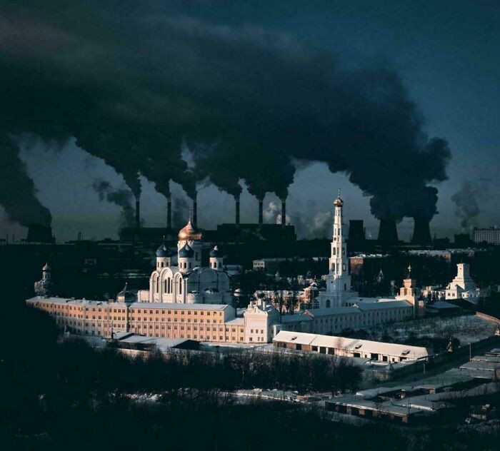 Nikolo-Ugreshsky Monastery Against The Smoking Chimneys Of A Chp Plant, Dzerzhinsky, Moscow Region, Russia