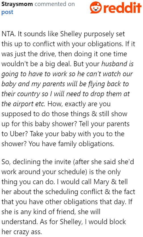 With no one to watch over her baby, the OP just can't go.