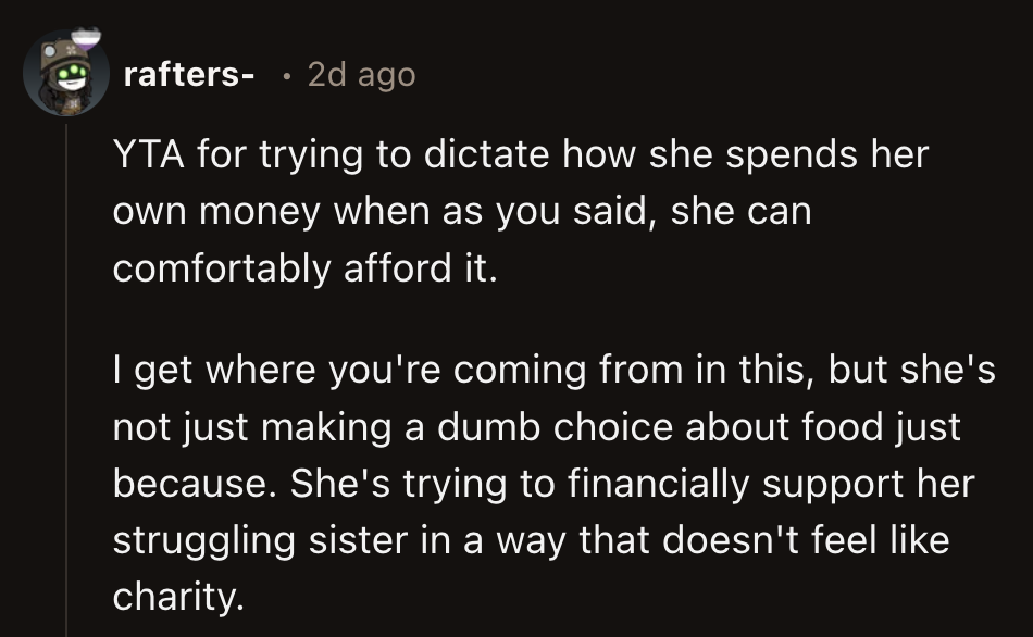 OP shouldn't be so concerned about how his wife spends her money, especially now that she no longer buys a burger for him.