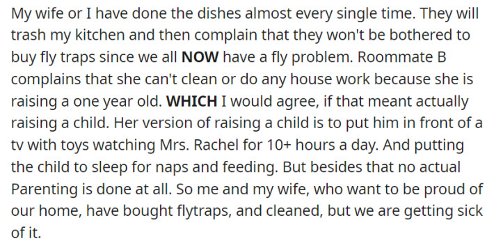They seldom do the dishes, causing a fly problem, while B's parenting mainly involves watching TV, leaving the cleaning to their housemates who are growing increasingly frustrated.