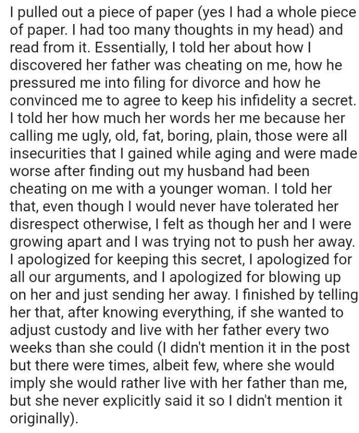 The OP told her daughter how she found out her dad was cheating on her