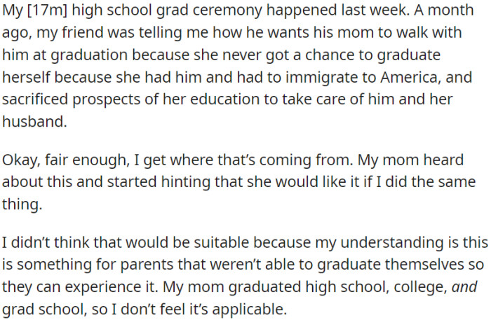 OP is graduating from high school and his mom wants recognition