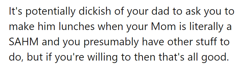 Dad's lunch orders come with a side of guilt, but hey, cooking with sass is her specialty!
