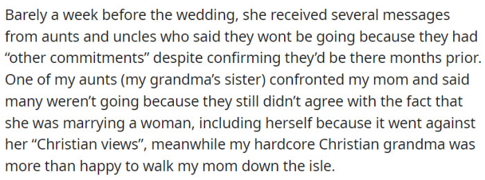 But a week before the wedding, some family members backed out, citing other commitments.