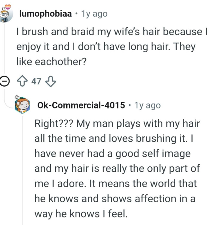 From a Redditor who loves to brush and braid his wife's hair