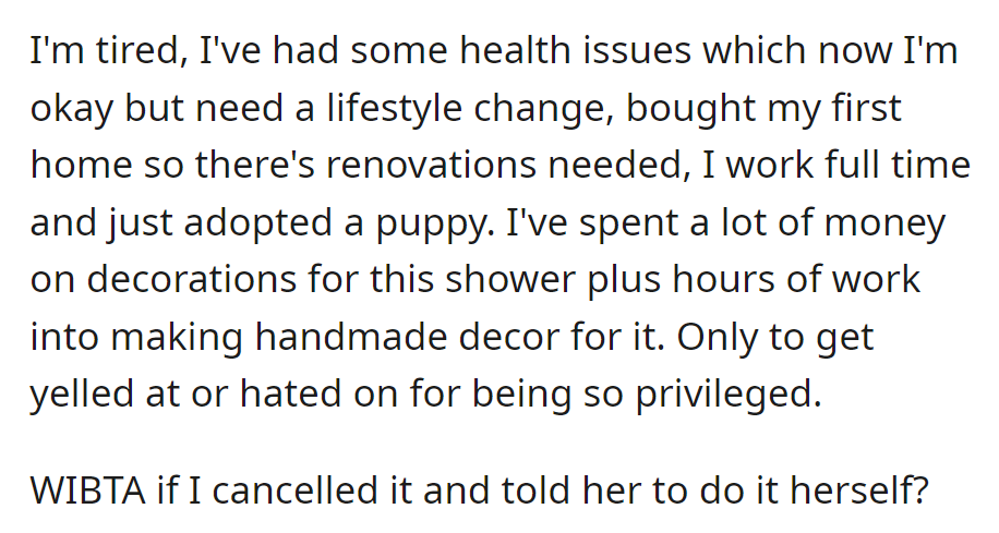 Contemplating Canceling the Baby Shower They Organized Due to Health and Fatigue, Considering Suggesting the Sister Handle It Herself.